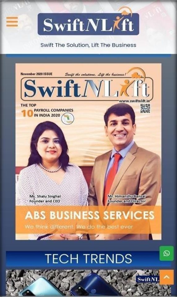 SwiftNLift magazine cover featuring ABS among Top 10 Payroll Companies in India 2020